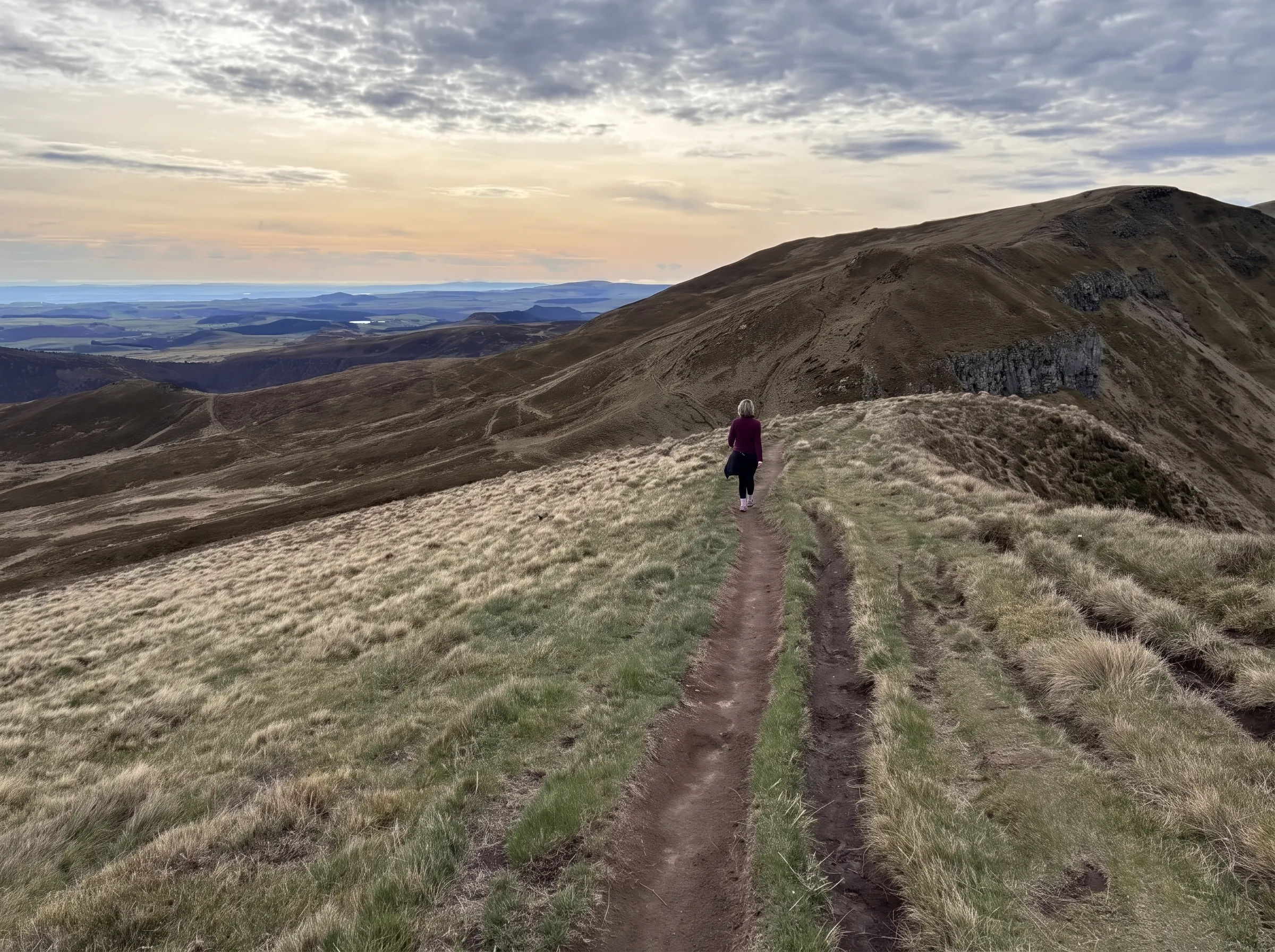 Dirigeante en randonnée sur une crête de montagne au coucher du soleil